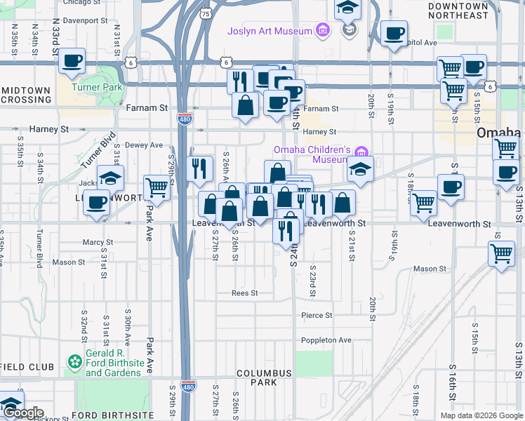 map of restaurants, bars, coffee shops, grocery stores, and more near 2515 Jones Street in Omaha