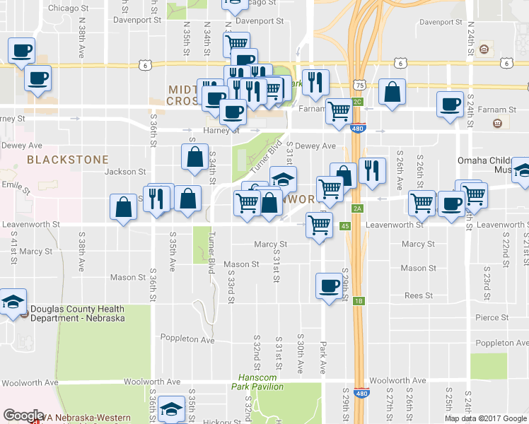 map of restaurants, bars, coffee shops, grocery stores, and more near 636 South 31st Avenue in Omaha