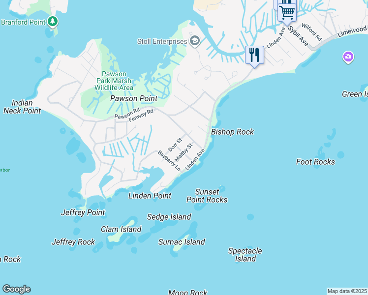 map of restaurants, bars, coffee shops, grocery stores, and more near 17 Maltby Street in Branford