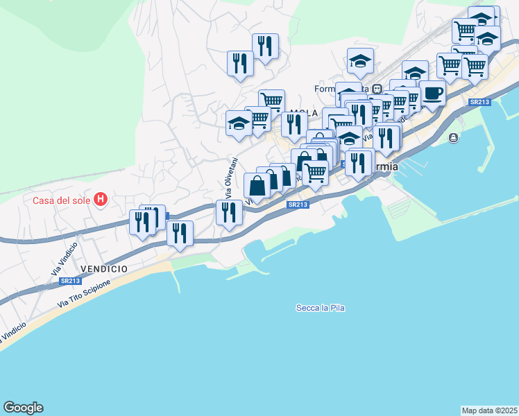 map of restaurants, bars, coffee shops, grocery stores, and more near 418 Via Vitruvio in Formia