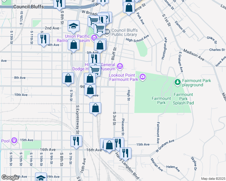 map of restaurants, bars, coffee shops, grocery stores, and more near 908 South 3rd Street in Council Bluffs