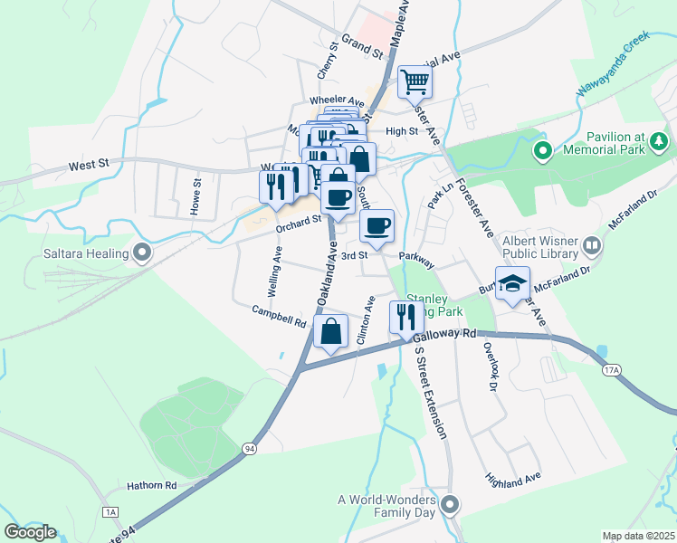 map of restaurants, bars, coffee shops, grocery stores, and more near 23 Oakland Avenue in Warwick
