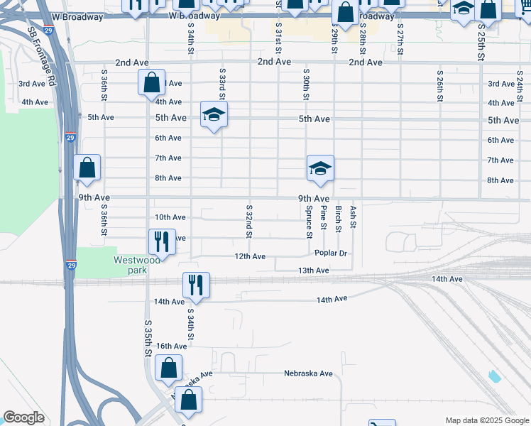 map of restaurants, bars, coffee shops, grocery stores, and more near 3122 10th Avenue in Council Bluffs