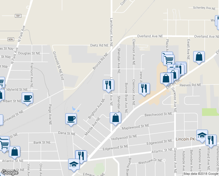 map of restaurants, bars, coffee shops, grocery stores, and more near 1741 Larchmont Avenue Northeast in Warren