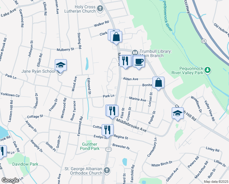 map of restaurants, bars, coffee shops, grocery stores, and more near 310 Hadley Drive in Trumbull