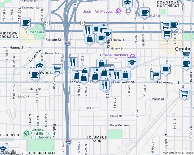 map of restaurants, bars, coffee shops, grocery stores, and more near 2515 Jones Street in Omaha
