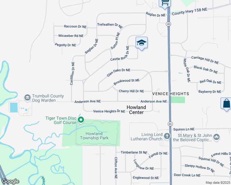 map of restaurants, bars, coffee shops, grocery stores, and more near 7904 Elmwood Drive Northeast in Warren