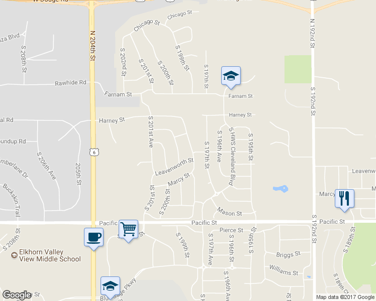 map of restaurants, bars, coffee shops, grocery stores, and more near 530 South 198th Street in Omaha