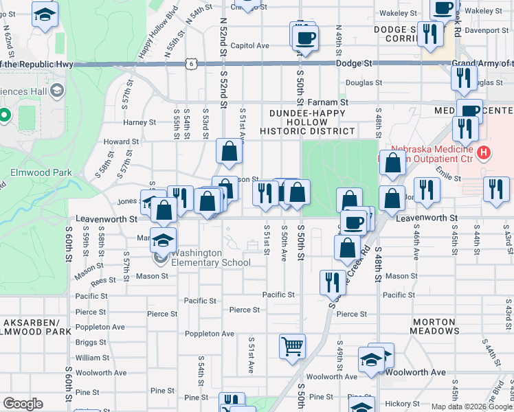 map of restaurants, bars, coffee shops, grocery stores, and more near 635 South 51st Street in Omaha