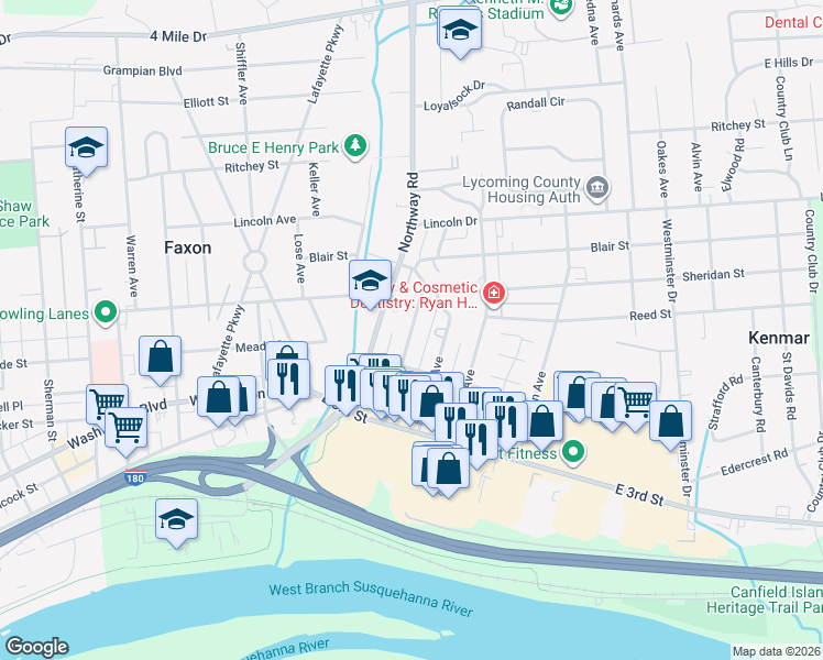 map of restaurants, bars, coffee shops, grocery stores, and more near 434 Russell Avenue in Williamsport