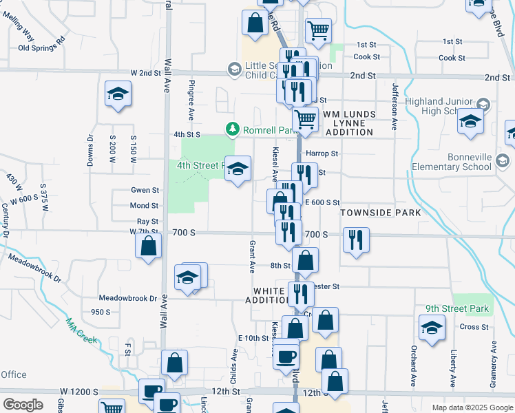 map of restaurants, bars, coffee shops, grocery stores, and more near 632 Kiesel Avenue in Ogden
