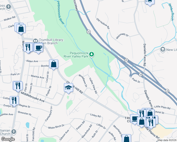 map of restaurants, bars, coffee shops, grocery stores, and more near 12 Valley View Rd in Trumbull