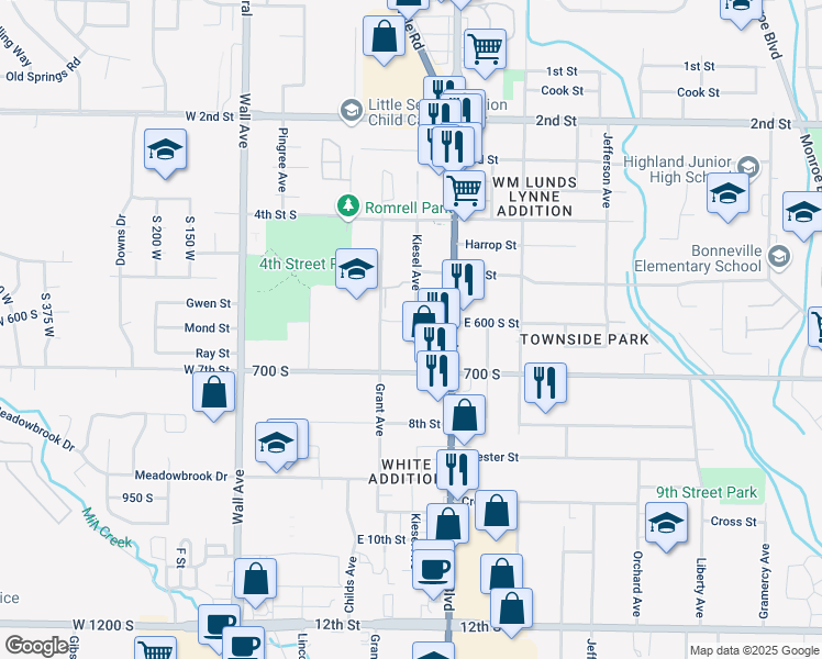 map of restaurants, bars, coffee shops, grocery stores, and more near 632 Kiesel Avenue in Ogden