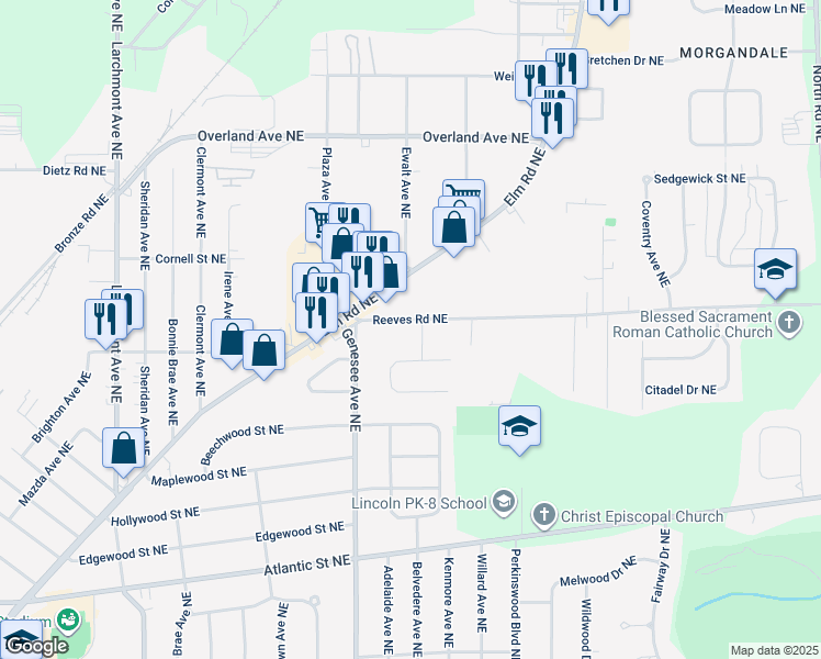 map of restaurants, bars, coffee shops, grocery stores, and more near 2100 Reeves Road Northeast in Warren