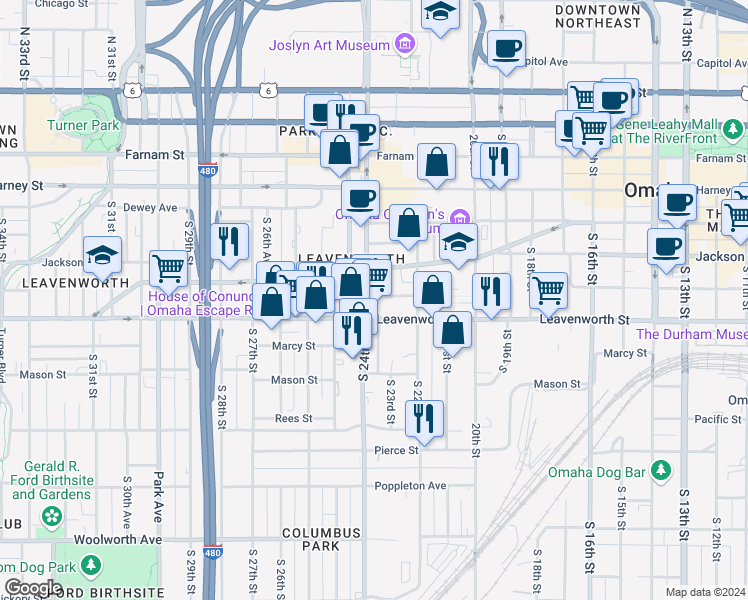 map of restaurants, bars, coffee shops, grocery stores, and more near 2221 Jones Street in Omaha