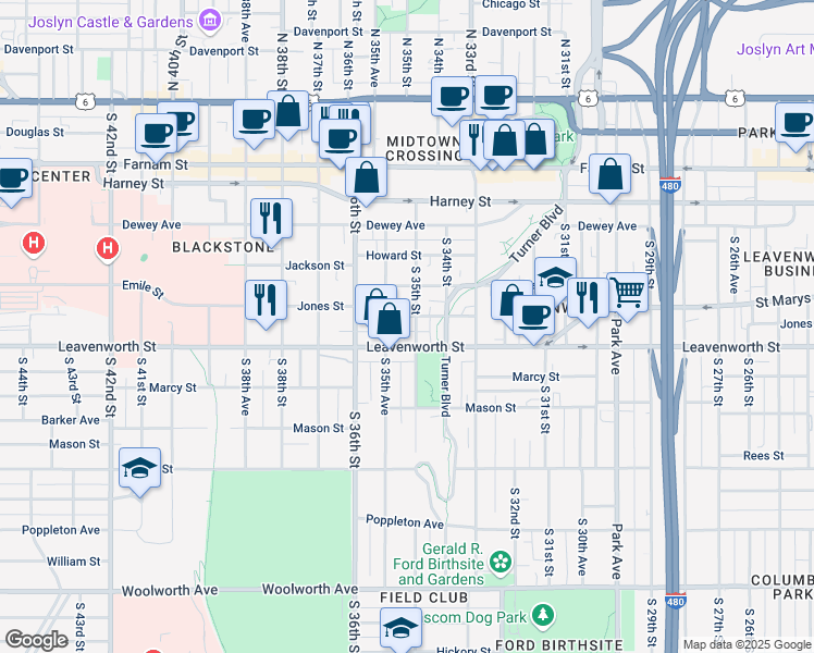map of restaurants, bars, coffee shops, grocery stores, and more near 706 South 35th Street in Omaha
