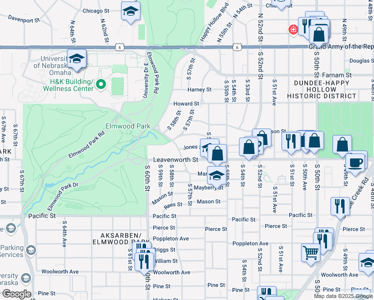 map of restaurants, bars, coffee shops, grocery stores, and more near 5639 Jones Street in Omaha