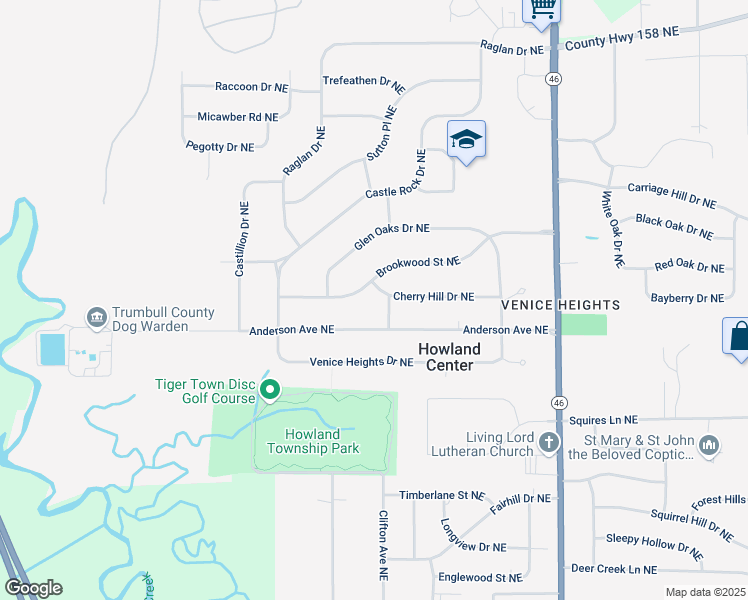 map of restaurants, bars, coffee shops, grocery stores, and more near 7904 Elmwood Drive Northeast in Warren