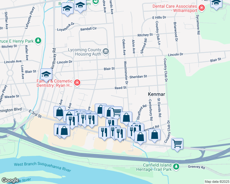 map of restaurants, bars, coffee shops, grocery stores, and more near 2100-2198 Reed Street in Williamsport
