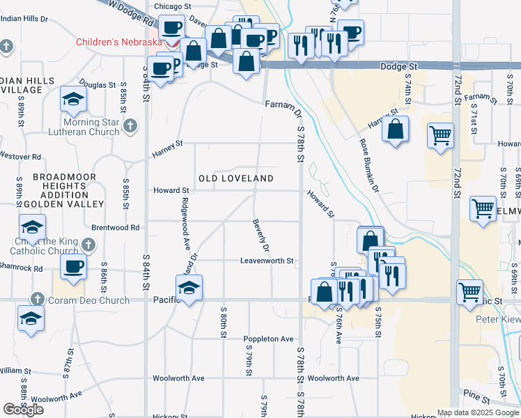 map of restaurants, bars, coffee shops, grocery stores, and more near 517 Beverly Drive in Omaha