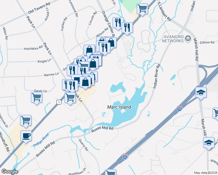 map of restaurants, bars, coffee shops, grocery stores, and more near 285 Mallard Drive in Orange