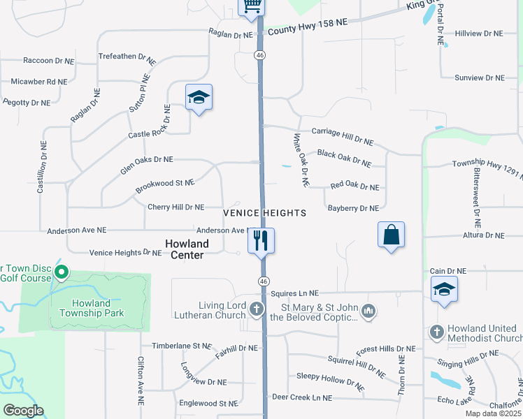 map of restaurants, bars, coffee shops, grocery stores, and more near 1281 Niles Cortland Road Northeast in Warren