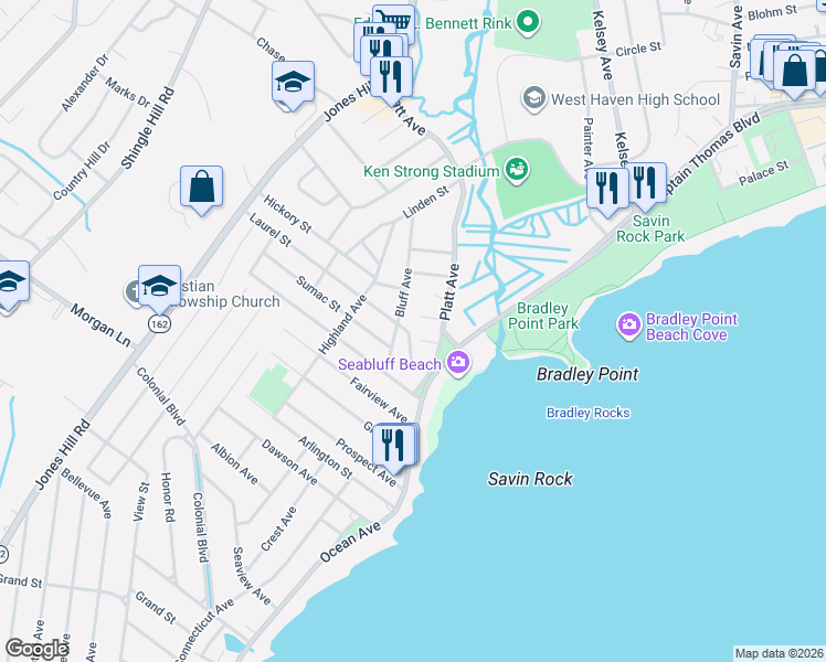 map of restaurants, bars, coffee shops, grocery stores, and more near 3 Hazel Street in West Haven