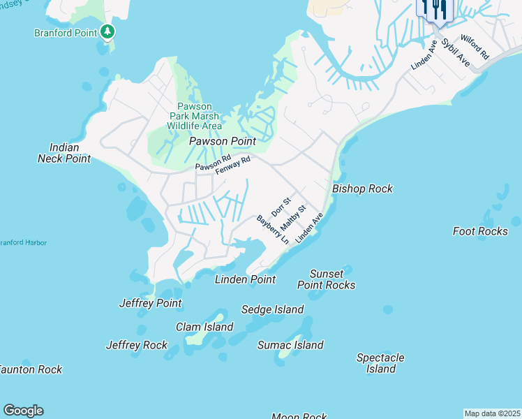 map of restaurants, bars, coffee shops, grocery stores, and more near 35 Bayberry Lane in Branford