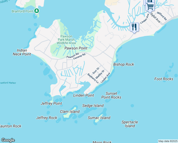 map of restaurants, bars, coffee shops, grocery stores, and more near 35 Bayberry Lane in Branford