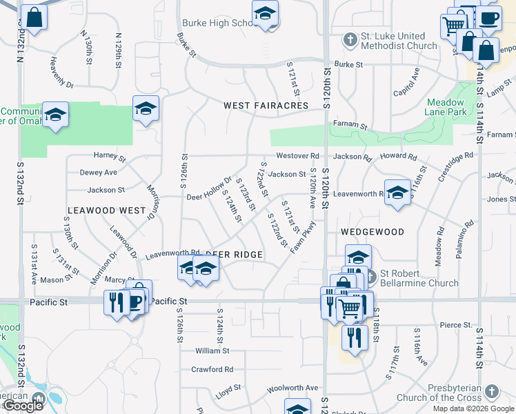map of restaurants, bars, coffee shops, grocery stores, and more near 12212 Leavenworth Road in Omaha