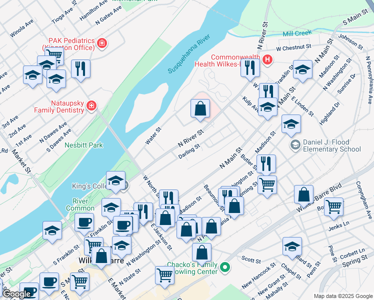 map of restaurants, bars, coffee shops, grocery stores, and more near 116 Darling Street in Wilkes-Barre