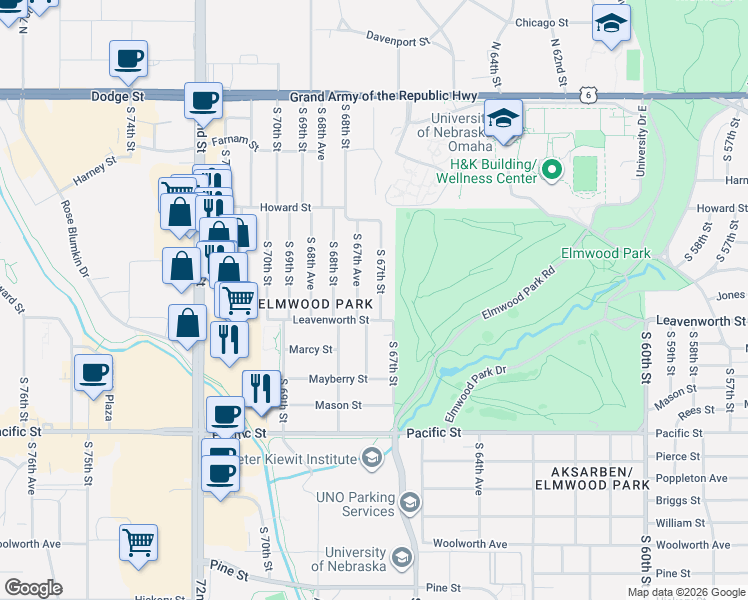 map of restaurants, bars, coffee shops, grocery stores, and more near 708 South 67th Street in Omaha