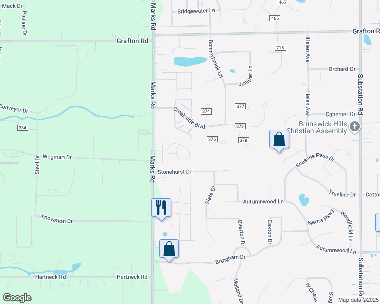 map of restaurants, bars, coffee shops, grocery stores, and more near 5249 Millcreek Boulevard in Brunswick