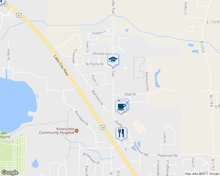 map of restaurants, bars, coffee shops, grocery stores, and more near 1269 Husky Trail in Warsaw