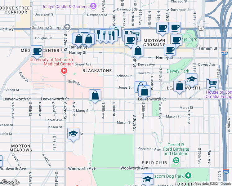 map of restaurants, bars, coffee shops, grocery stores, and more near 715 S 38th St in Omaha