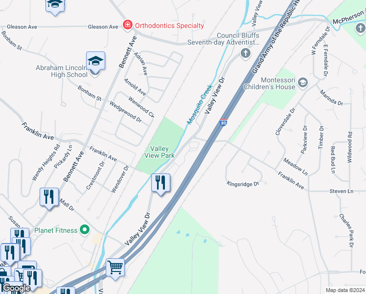 map of restaurants, bars, coffee shops, grocery stores, and more near 732 Valley View Drive in Council Bluffs