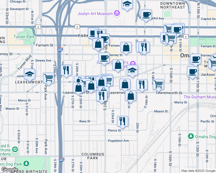 map of restaurants, bars, coffee shops, grocery stores, and more near 2243 Jones Street in Omaha