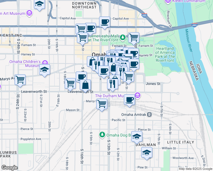 map of restaurants, bars, coffee shops, grocery stores, and more near 1315 Jones Street in Omaha