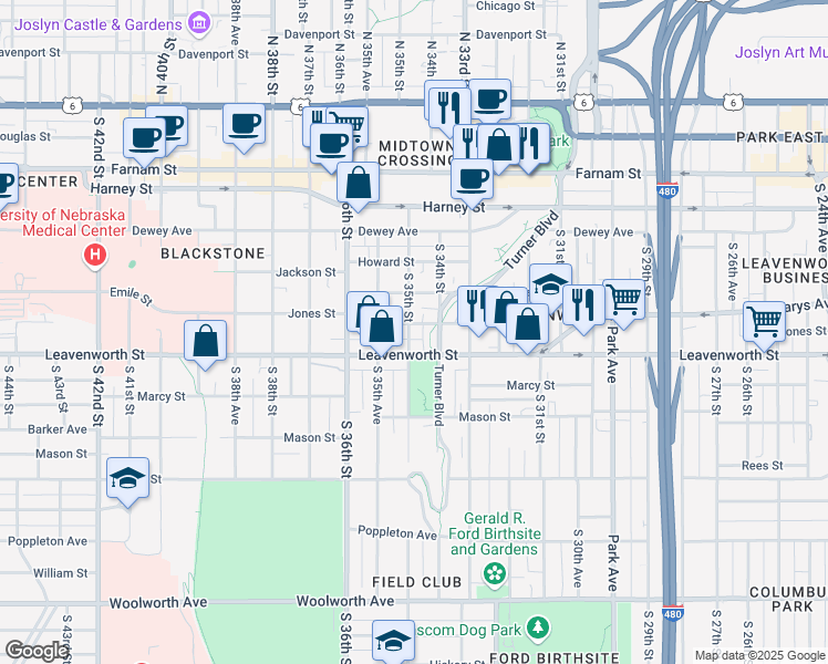 map of restaurants, bars, coffee shops, grocery stores, and more near 706 South 35th Street in Omaha