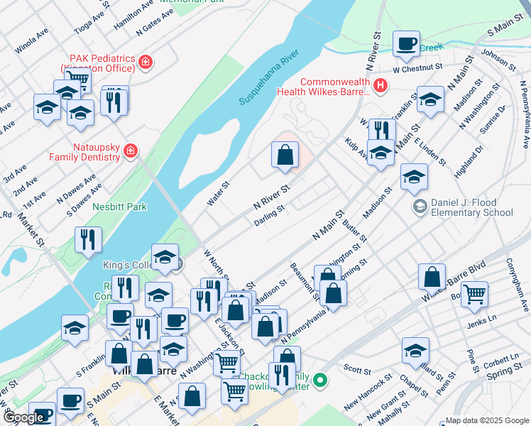 map of restaurants, bars, coffee shops, grocery stores, and more near 116 Darling Street in Wilkes-Barre