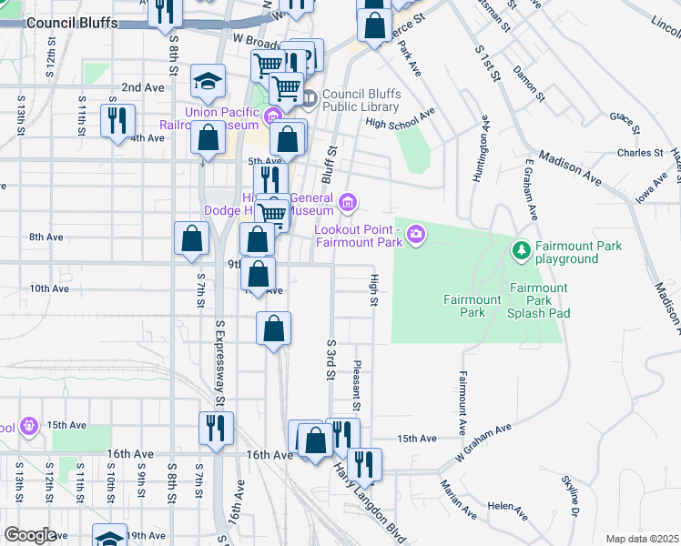 map of restaurants, bars, coffee shops, grocery stores, and more near 903 South 3rd Street in Council Bluffs