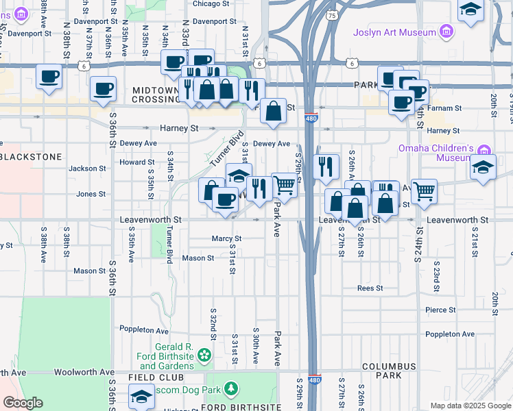 map of restaurants, bars, coffee shops, grocery stores, and more near 3015 Saint Marys Avenue in Omaha