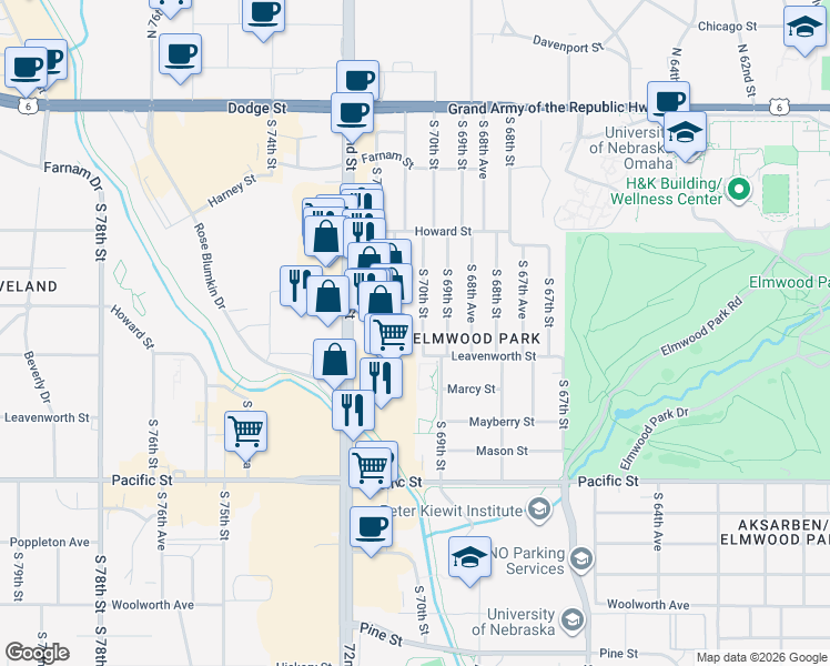 map of restaurants, bars, coffee shops, grocery stores, and more near 740 South 70th Street in Omaha