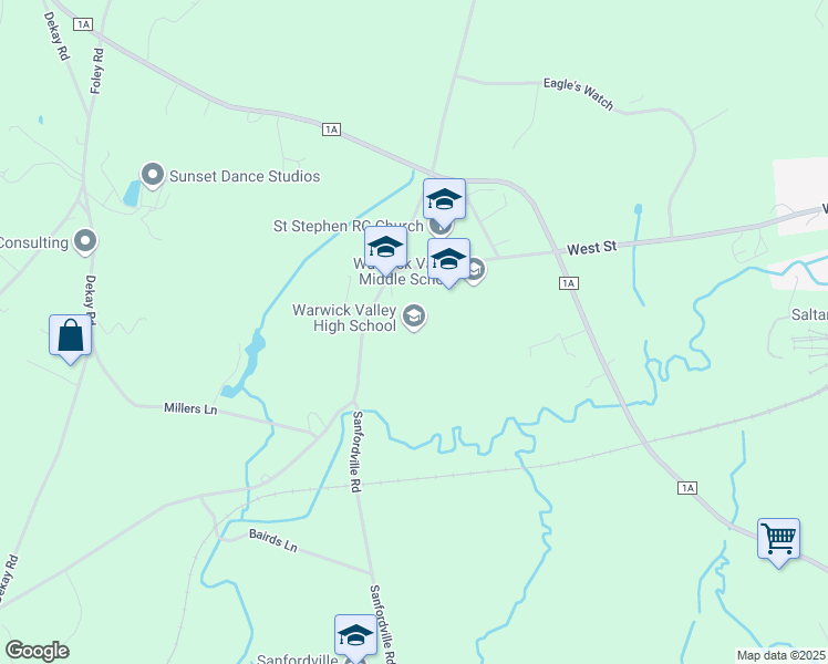 map of restaurants, bars, coffee shops, grocery stores, and more near 89 Sanfordville Road in Warwick