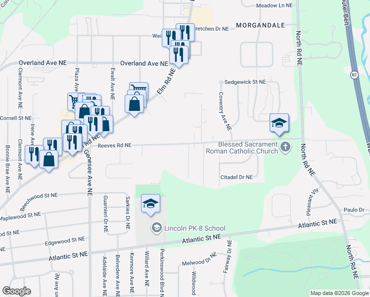 map of restaurants, bars, coffee shops, grocery stores, and more near 1561 Birch Run Drive Northeast in Warren