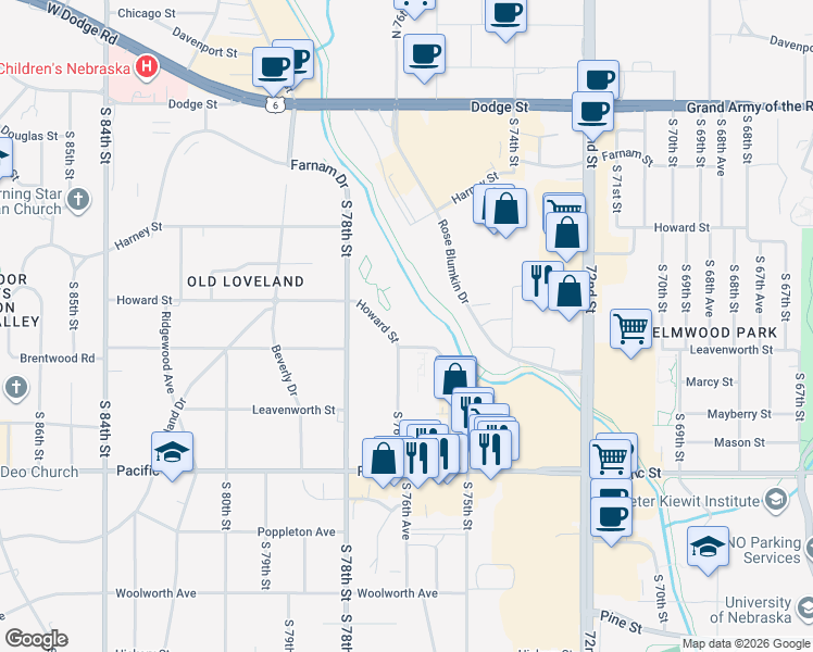 map of restaurants, bars, coffee shops, grocery stores, and more near 7520 Howard Street in Omaha