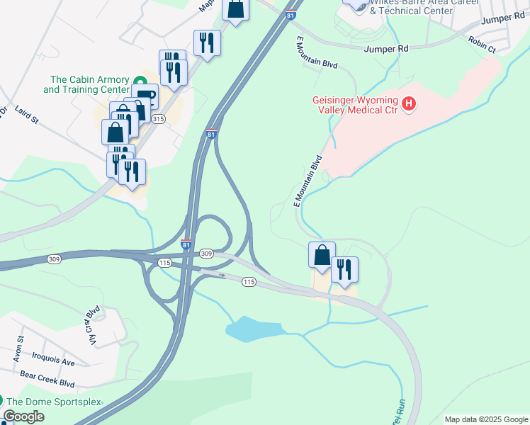 map of restaurants, bars, coffee shops, grocery stores, and more near 546 Wildflower Drive in Wilkes-Barre