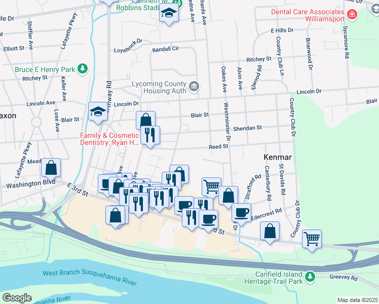 map of restaurants, bars, coffee shops, grocery stores, and more near 2130 Reed Street in Williamsport