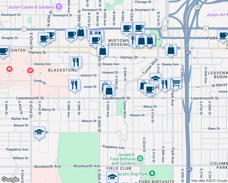 map of restaurants, bars, coffee shops, grocery stores, and more near 3503 Jones Street in Omaha