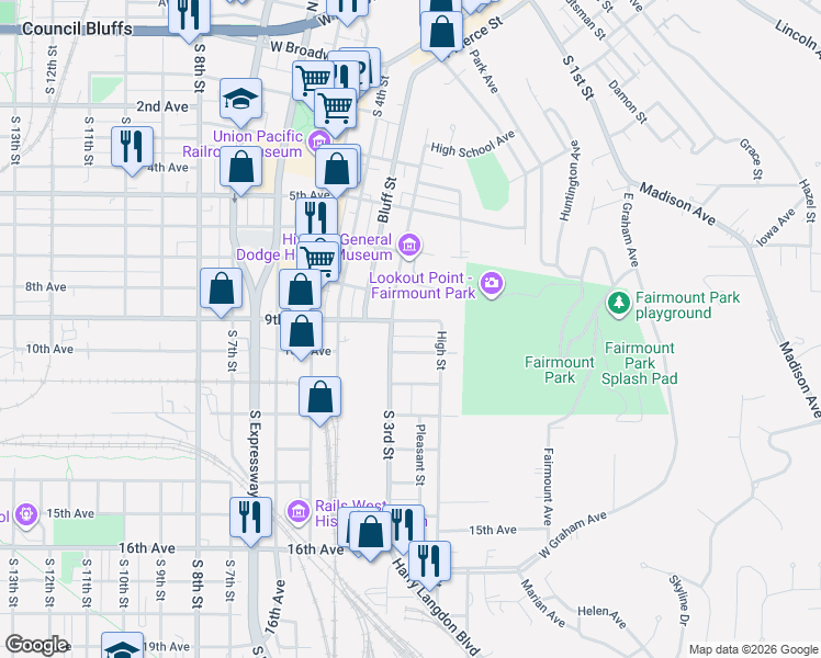 map of restaurants, bars, coffee shops, grocery stores, and more near 908 South 3rd Street in Council Bluffs